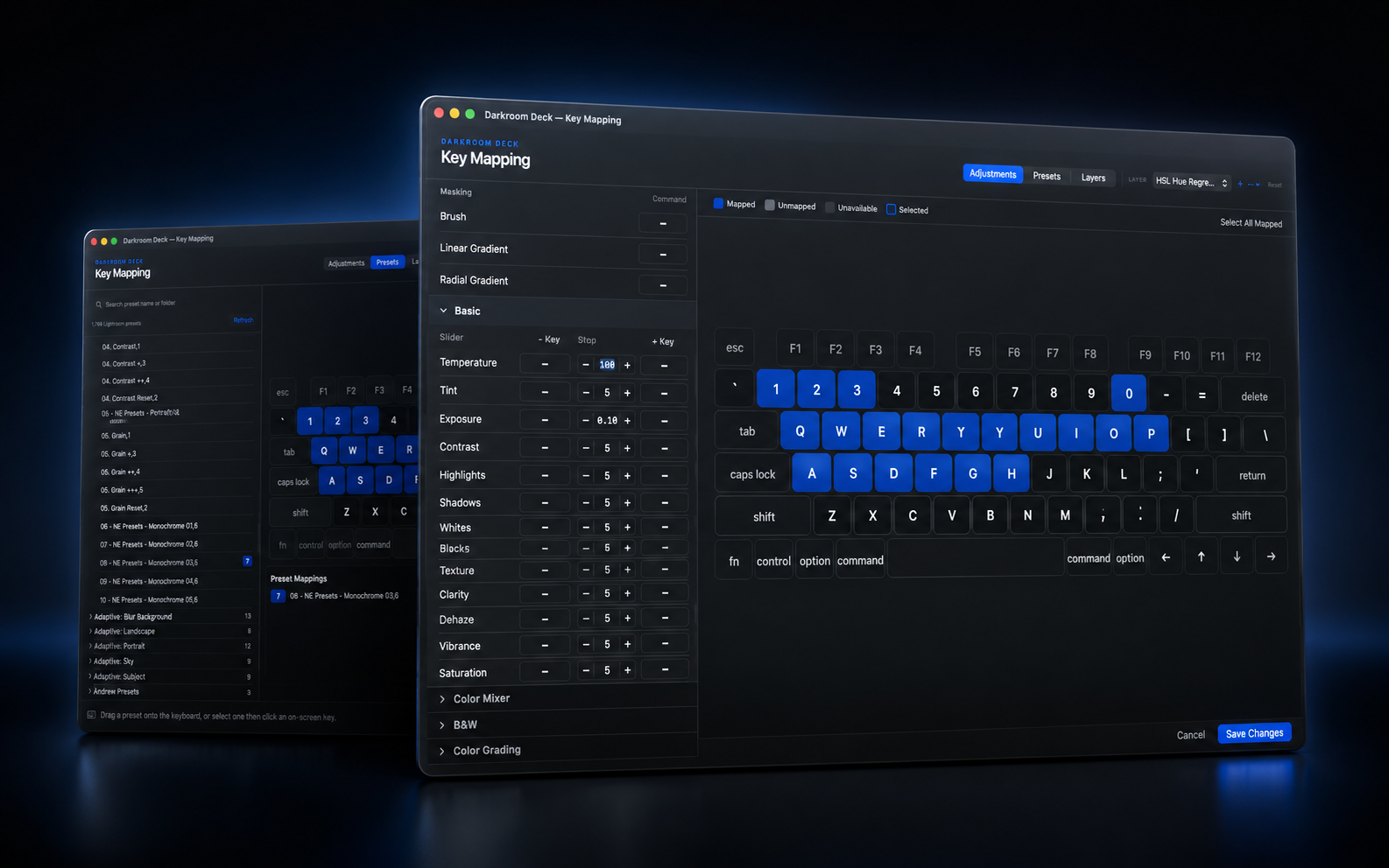 Darkroom Deck Key Mapping window showing Lightroom controls mapped to a keyboard.